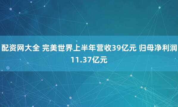 配资网大全 完美世界上半年营收39亿元 归母净利润11.37亿元